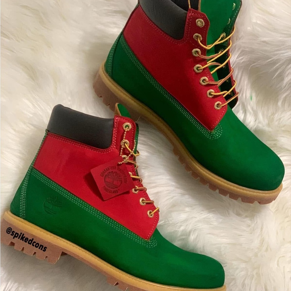 Custom Timberland Red and Green Men's Boots